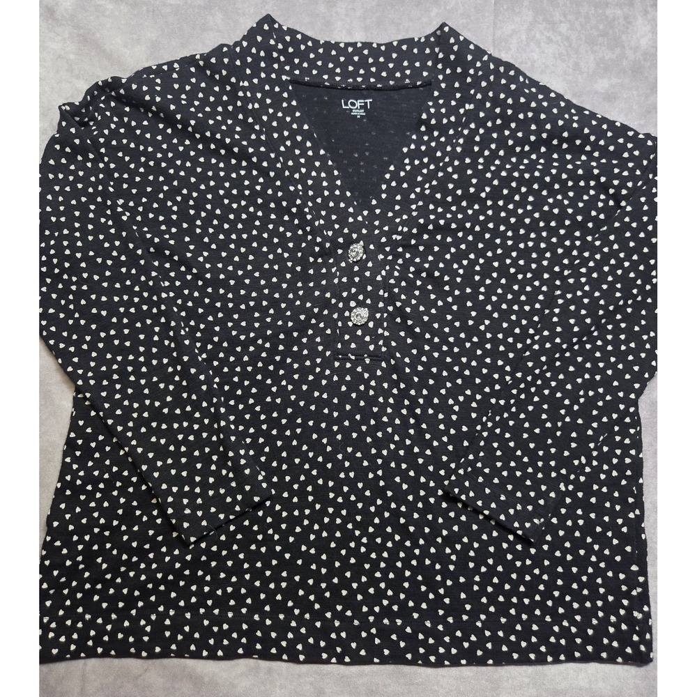 LOFT Outlet Shirt Medium Black White Heart Long Sleeve Henley Jeweled Buttons
